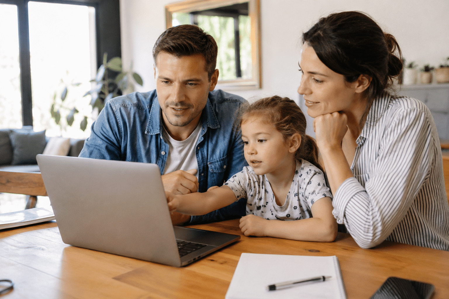 Famille qui regarde un ecran d'ordinateur